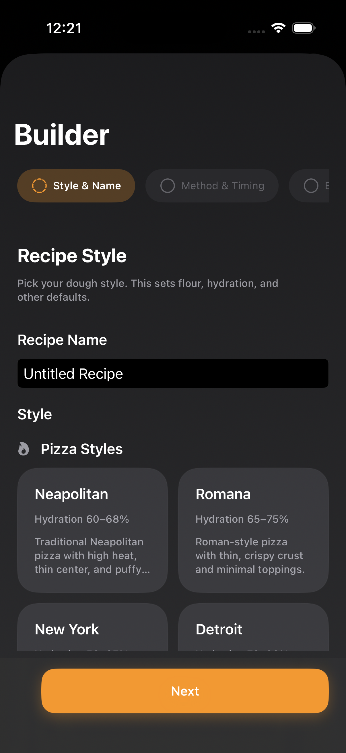 Yeasto recipe builder showing professional pizza dough calculation