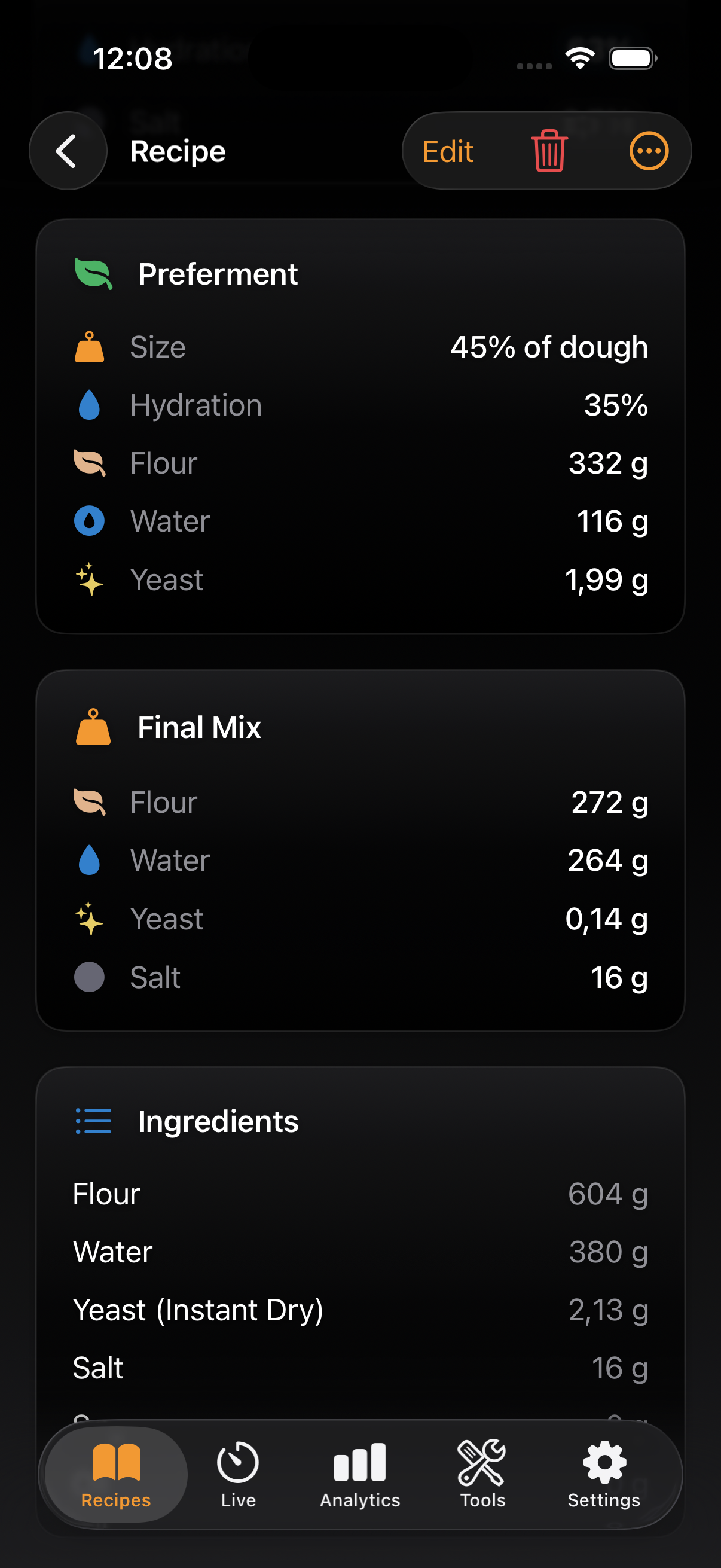 Detailed recipe view with ingredients and instructions